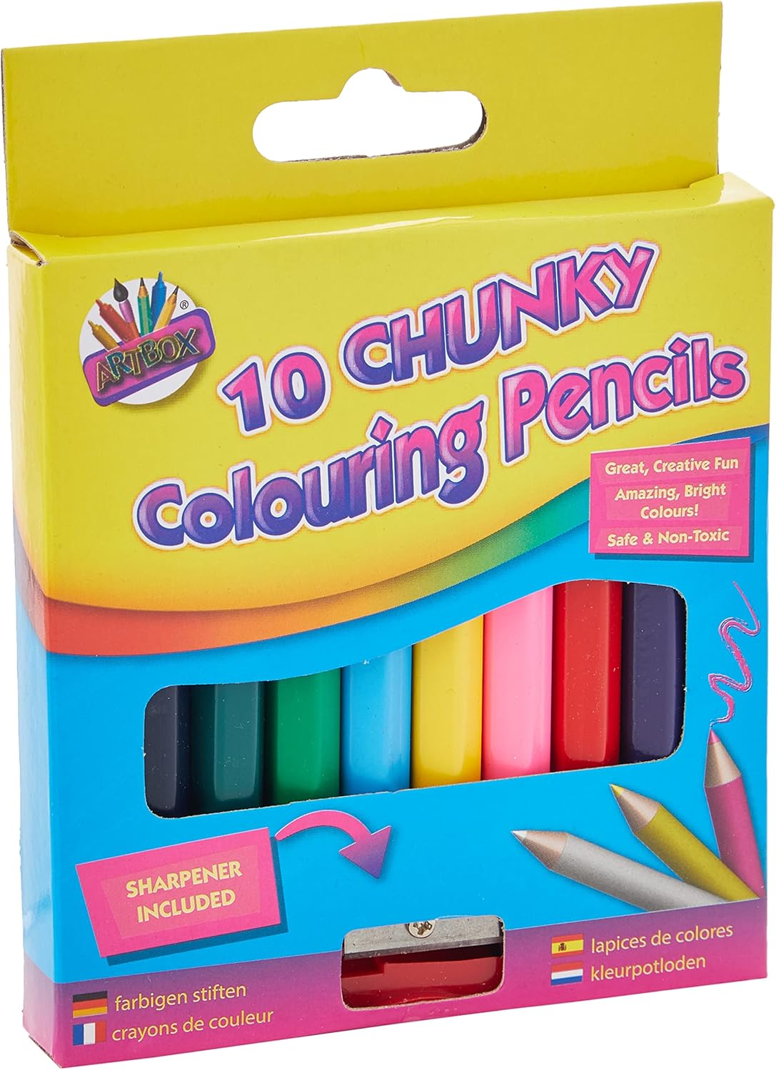 Set of Tallon 10 chunky half-size colouring pencils with sharpener, featuring vibrant colors and sturdy design for easy coloring.