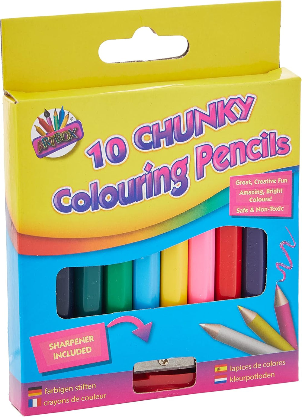 Set of Tallon 10 chunky half-size colouring pencils with sharpener, featuring vibrant colors and sturdy design for easy coloring.
