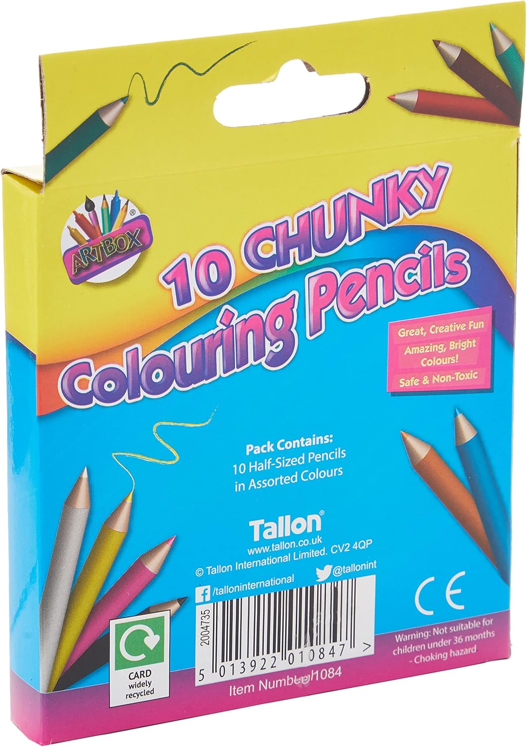 Tallon 10 chunky half-size colouring pencils with sharpener, featuring vibrant colors and sturdy wooden construction.
