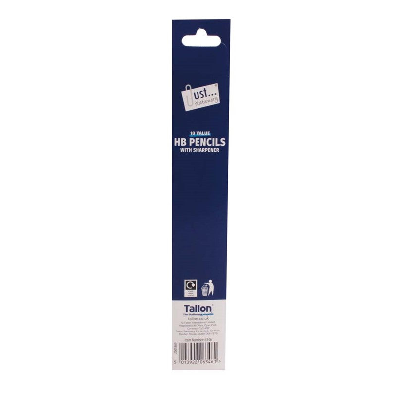 Set of Tallon 10 HB pencils with built-in sharpener, featuring smooth wooden bodies and graphite tips for writing and drawing.