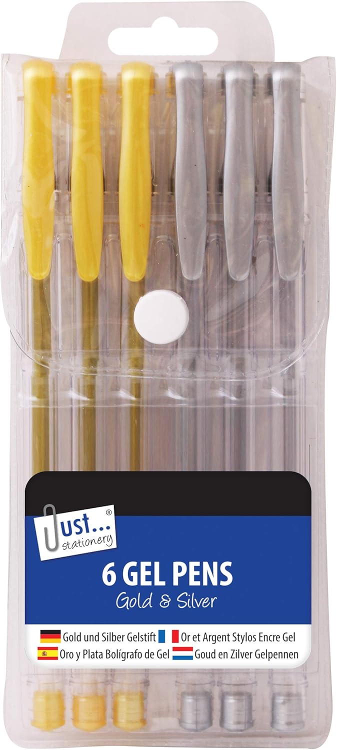 Set of six Tallon gel ink pens in silver and gold with sleek metal barrels, ideal for writing and decorative accents.