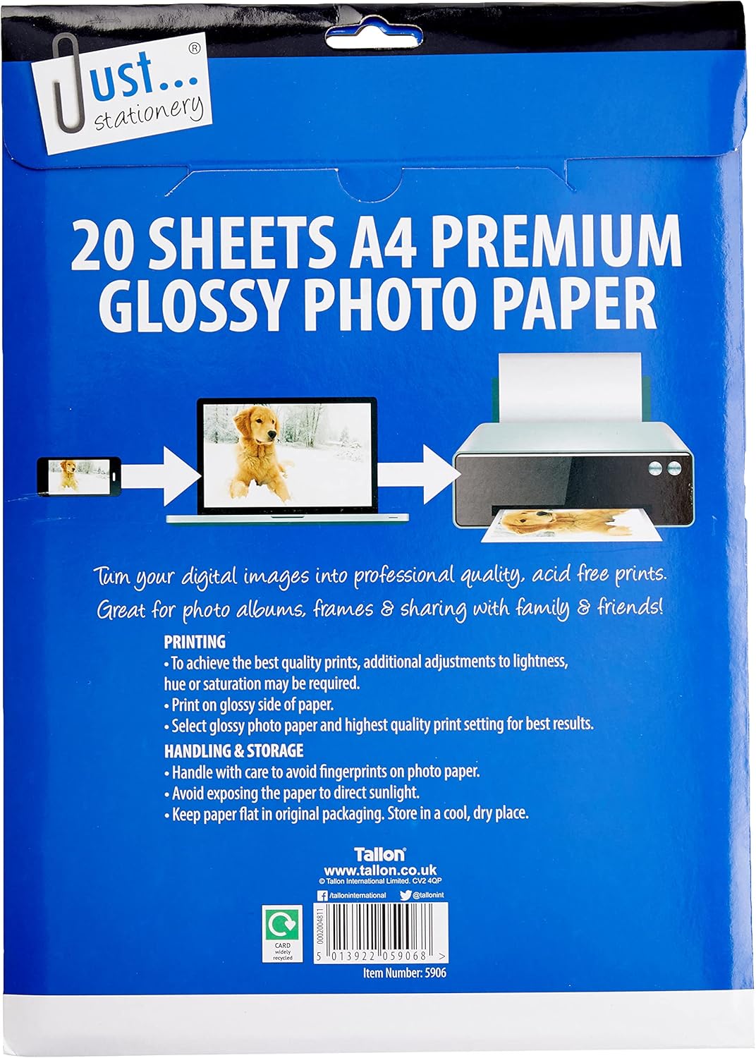 A4 size Tallon glossy photo paper, 20 sheets, designed for high-quality photo printing with a smooth, shiny finish.