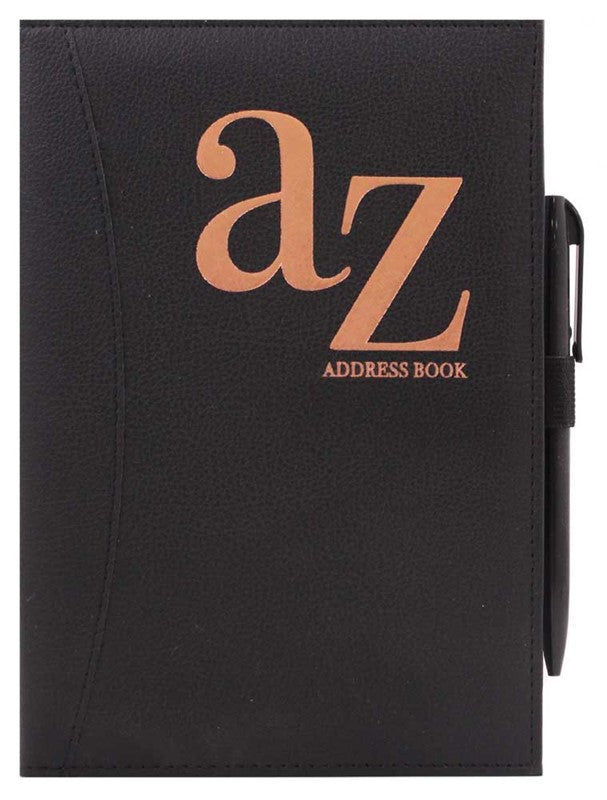 A5 black PU A-Z address book by Tallon with pen, shown open with alphabet tabs, packed in a carton of 24 units.