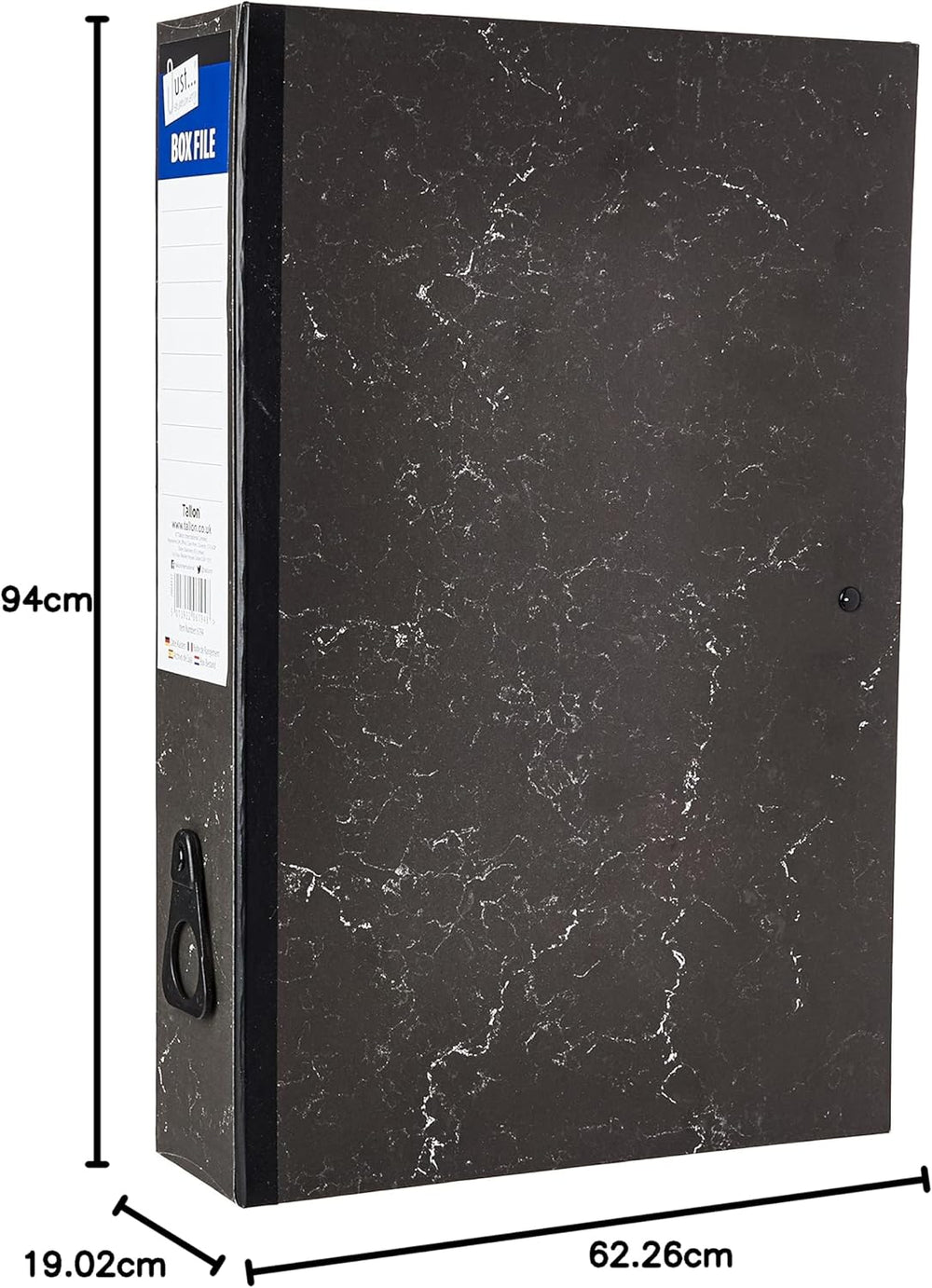 Tallon box file with a metal document clip, used for organizing papers and office stationery.