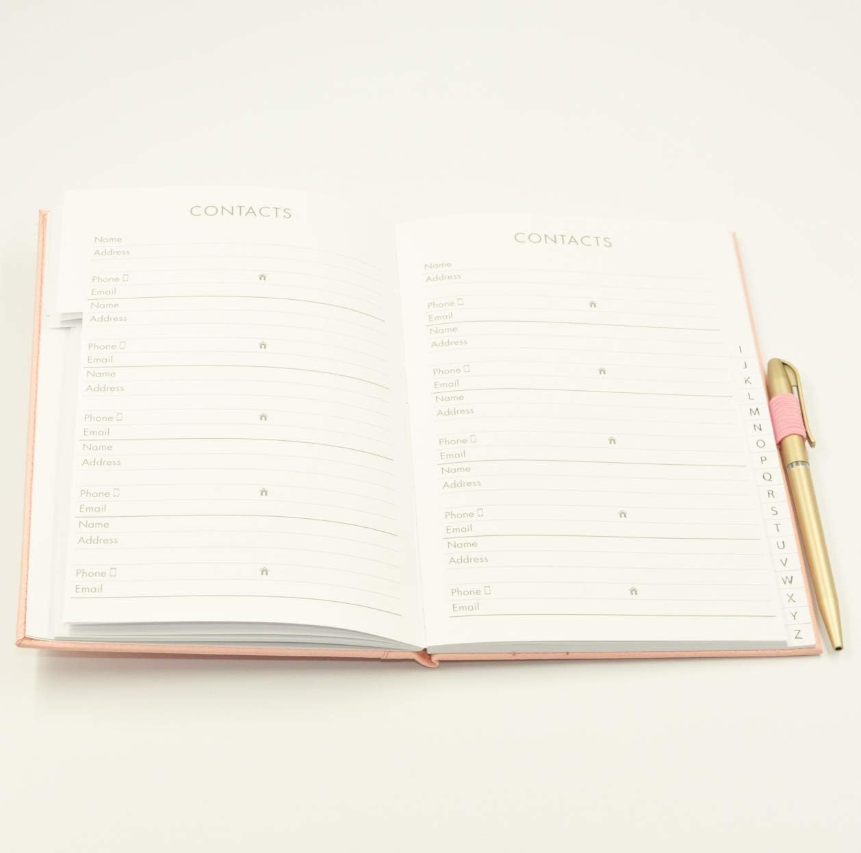 Tallon A5 pink hardback address book with alphabet tabs and matching pen, ideal for organizing contacts and notes.