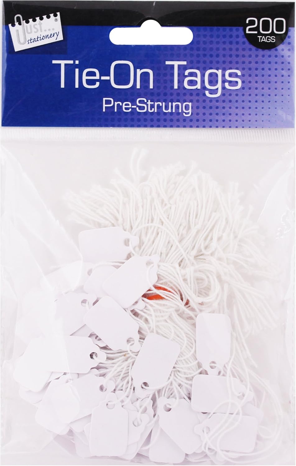White Tallon 200 pre-strung tags measuring 13x20mm, designed for labeling and organizational use.