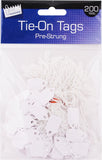 White Tallon 200 pre-strung tags measuring 13x20mm, designed for labeling and organizational use.