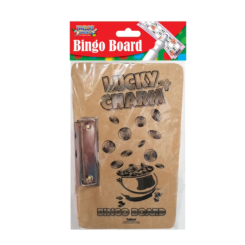 Tallon Bingo Board with side clip and lucky charm, colorful toy game for kids, featuring a sturdy design and vibrant decorations.