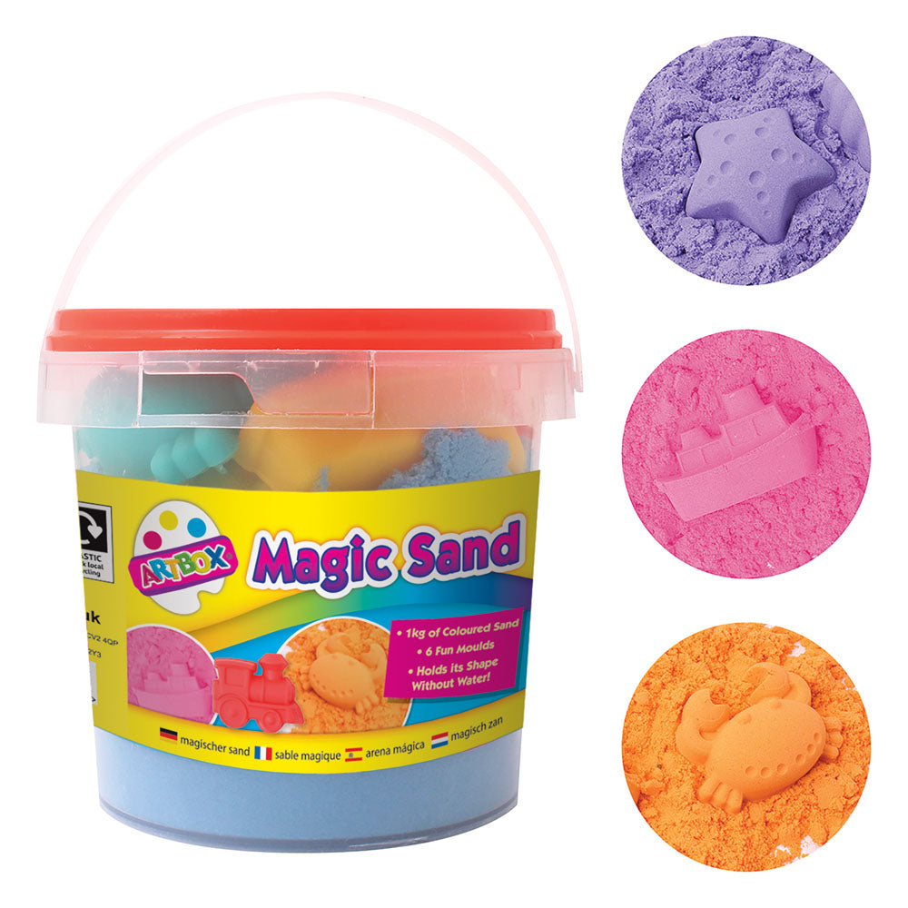 Tallon Magic Sand with tools in a carry tub, colorful kinetic sand toy set for kids to mold and shape.