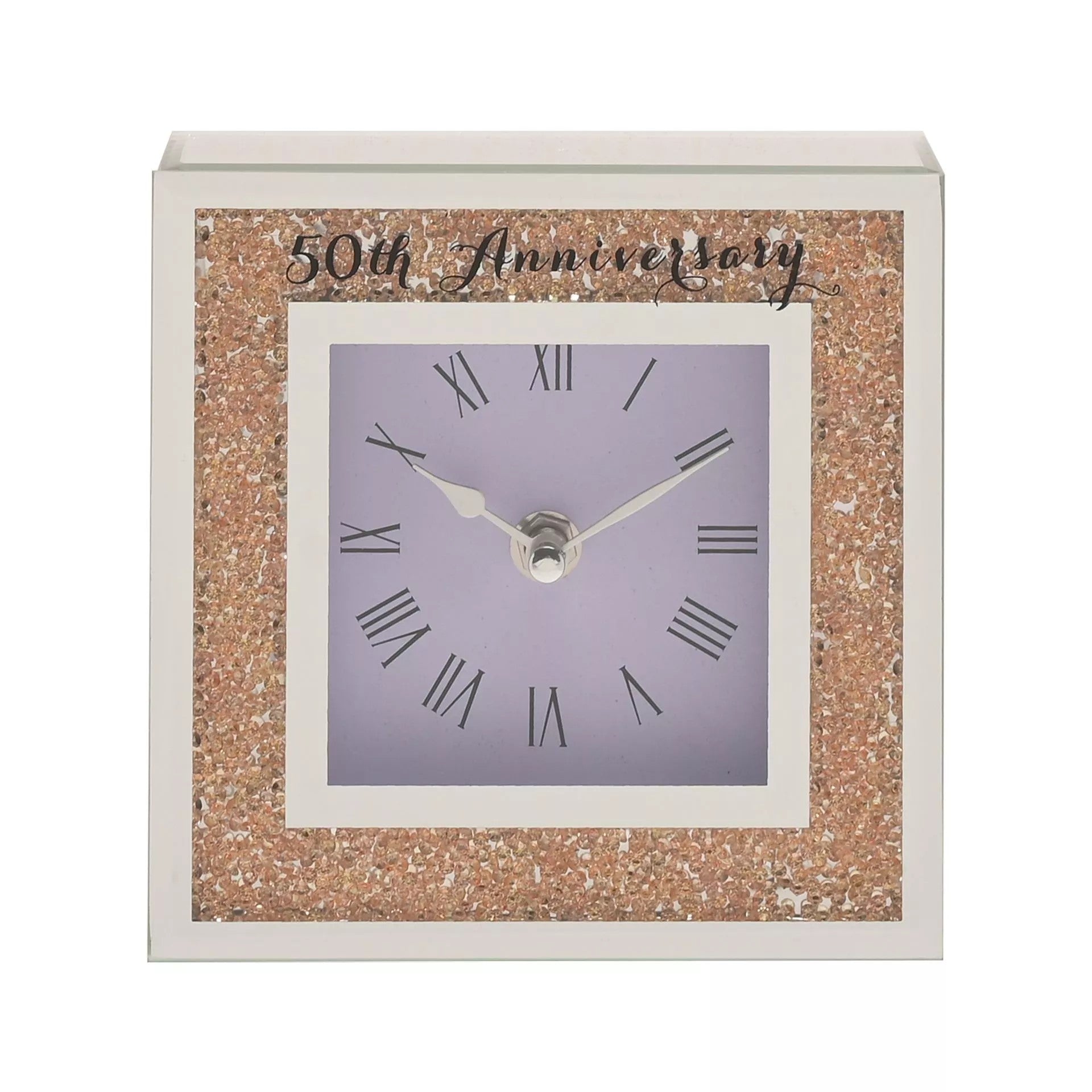 50th Wedding Anniversary Mantel Clock – Gold Crystal Rim, Roman Numerals, Elegant Glass Design – Golden Anniversary Gift for Couples