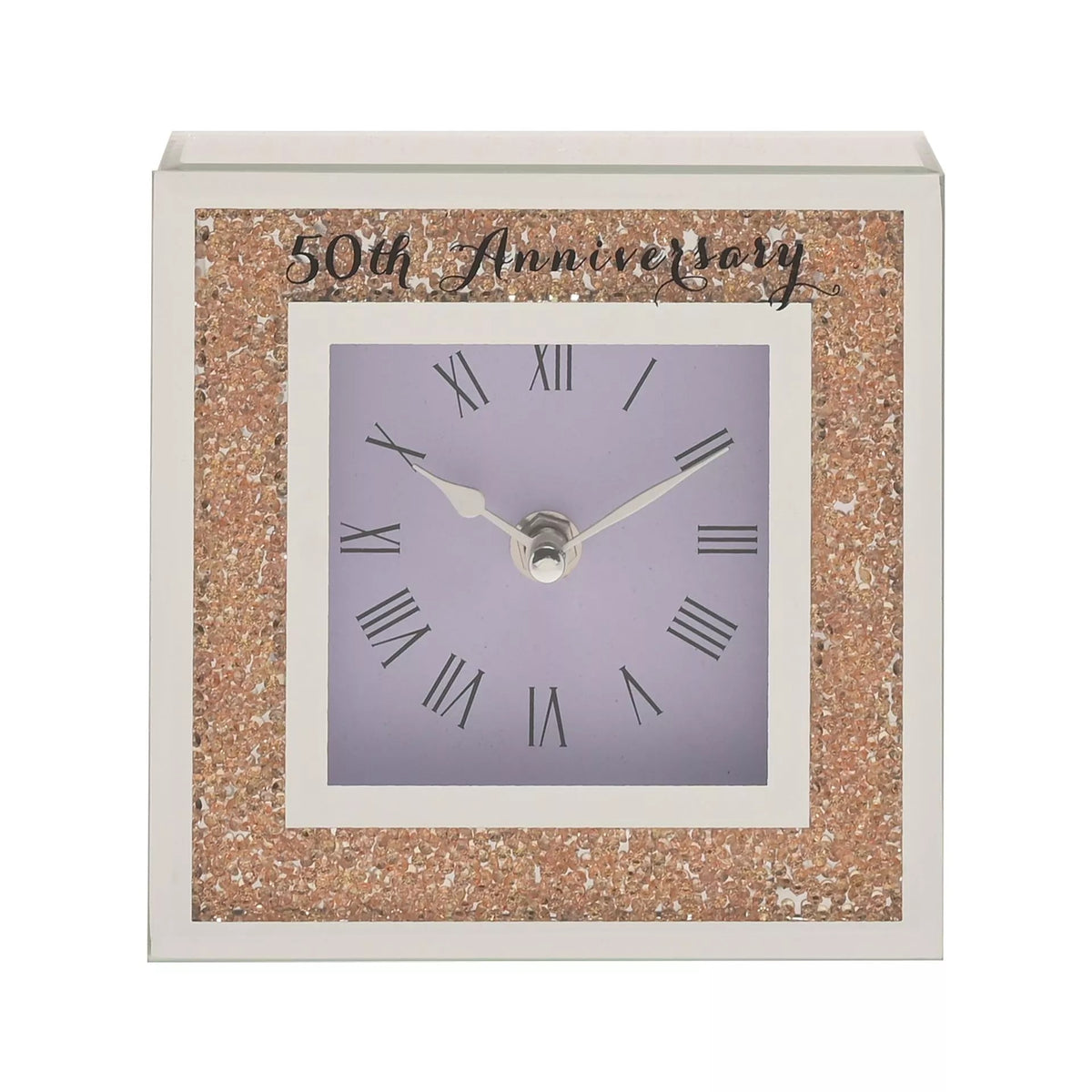50th Wedding Anniversary Mantel Clock – Gold Crystal Rim, Roman Numerals, Elegant Glass Design – Golden Anniversary Gift for Couples