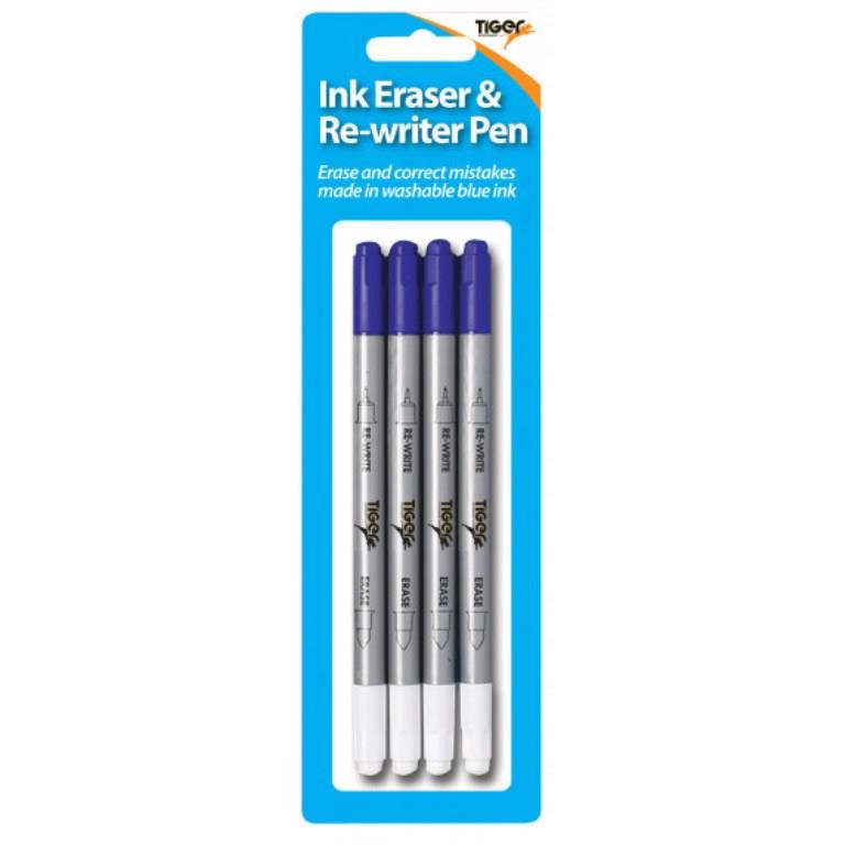 Pack of four Tiger correction supplies with ink eraser and rewriter pens for blue ink, ideal for precise corrections.