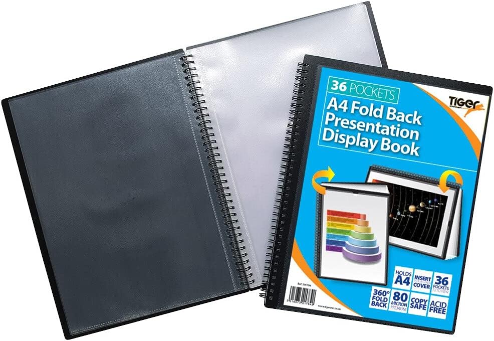 Tiger A4 36-pocket foldback presentation display book for filing and storage, with clear plastic pockets and sturdy cover.