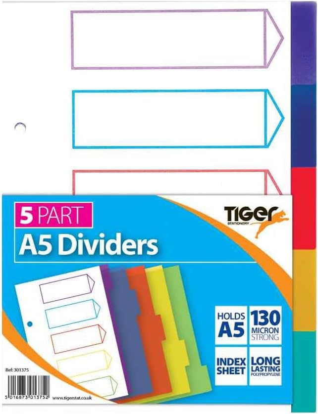 A5 5-part polypropylene dividers for filing and storage by Tiger, showing colorful tabbed sections in a clear image.