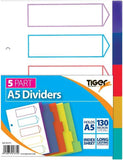 A5 5-part polypropylene dividers for filing and storage by Tiger, showing colorful tabbed sections in a clear image.