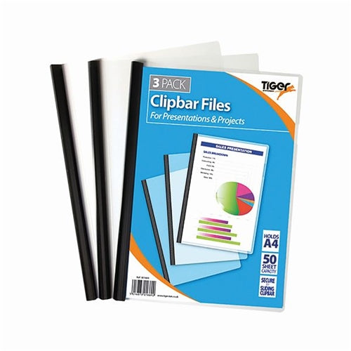 Pack of 3 Tiger extra capacity A4 clip bar files for organizing documents in filing and storage systems.