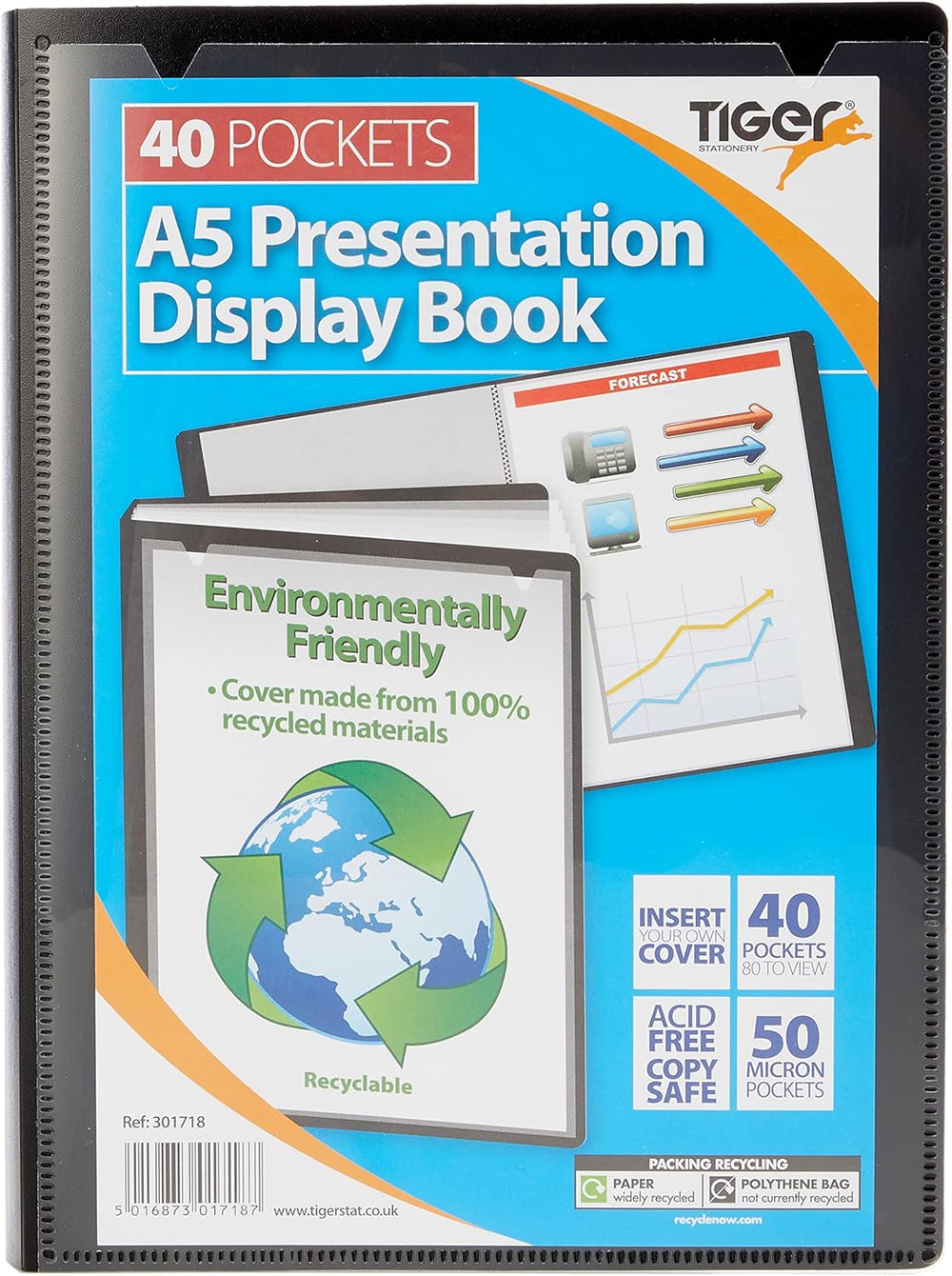 Black Tiger A5 40-pocket presentation display book with clear plastic sleeves for organizing documents and presentations.
