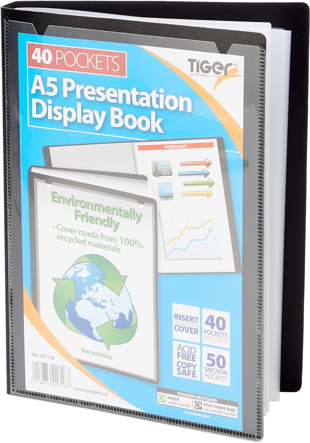 Black Tiger A5 40-pocket presentation display book with clear plastic sleeves for organizing documents and reports.