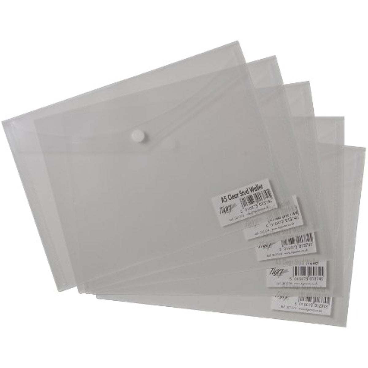Tiger A5 Clear Stud Wallet used as a polypropylene document folder for filing and storage with secure stud closure.