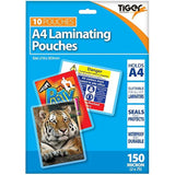Tiger A4 laminating pouches, 150 microns thick, pack of 10, clear protective laminating sheets for documents.