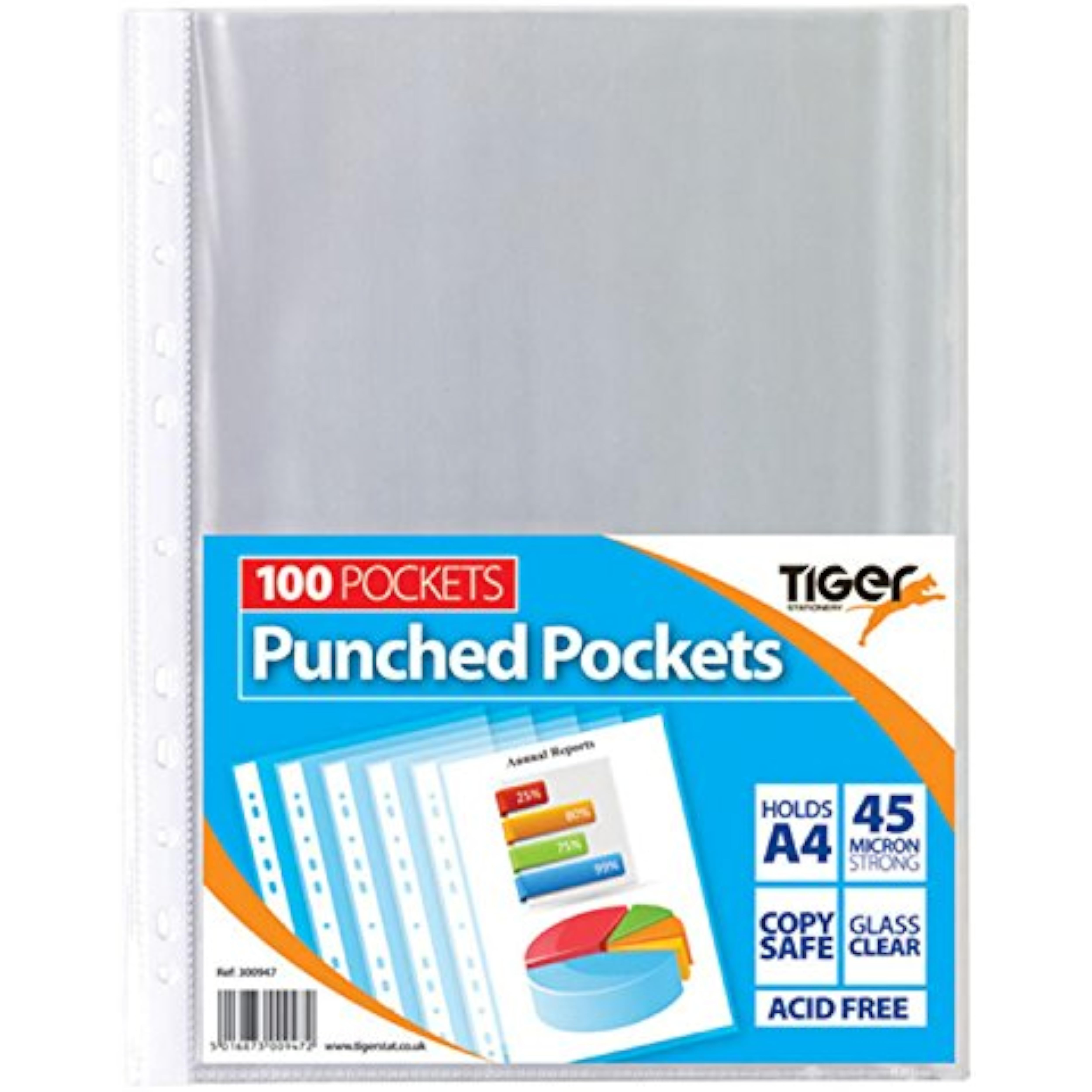 Pack of 100 Tiger A4 punched pockets for office supplies, transparent plastic sleeves for document organization.