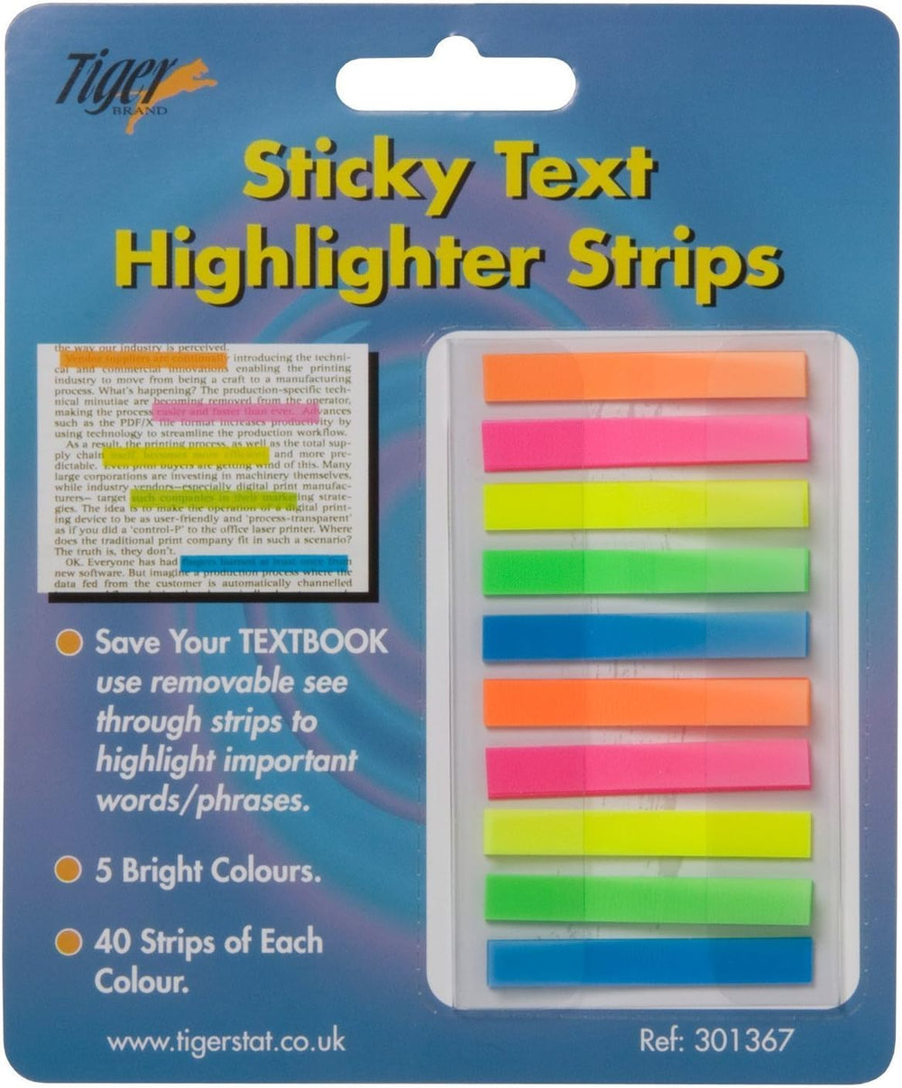 Tiger Sticky Text Highlighter Strips for office use, yellow highlighter strips perfect for marking documents and notes.