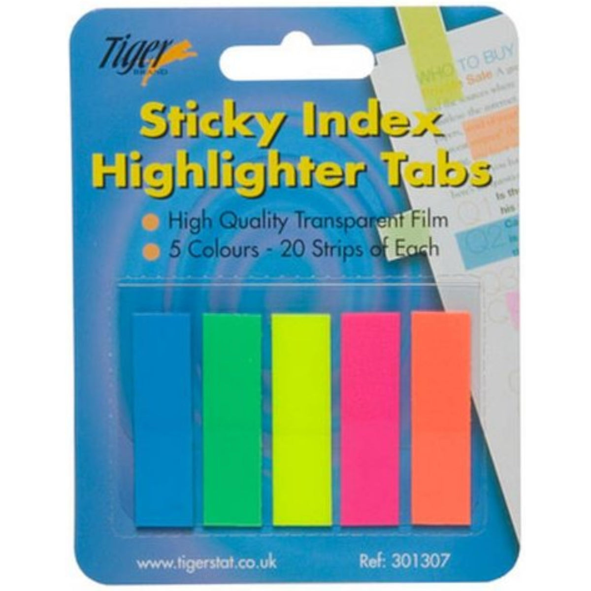 Tiger Sticky Index Highlighter Tabs pack of 100, colorful office supplies for highlighting and organizing documents.