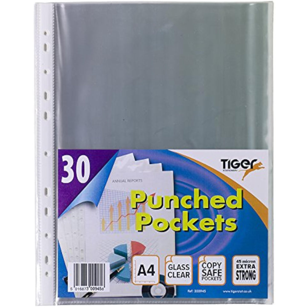 Tiger A4 punched pockets, set of 30, clear plastic office supplies for organizing documents in a professional workspace.
