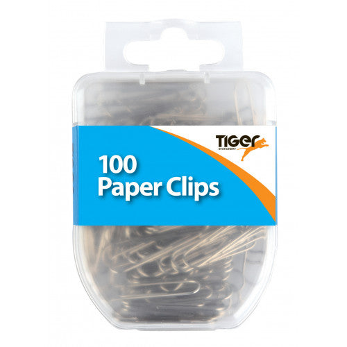 Pack of 100 steel paper clips from Tiger, showing shiny metal clips for organizing papers.