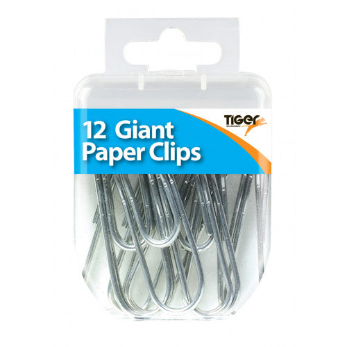 Pack of 12 giant Tiger paper clips in silver, large metal clips for securing documents and organizing papers.