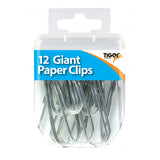 Pack of 12 giant Tiger paper clips in silver, large metal clips for securing documents and organizing papers.