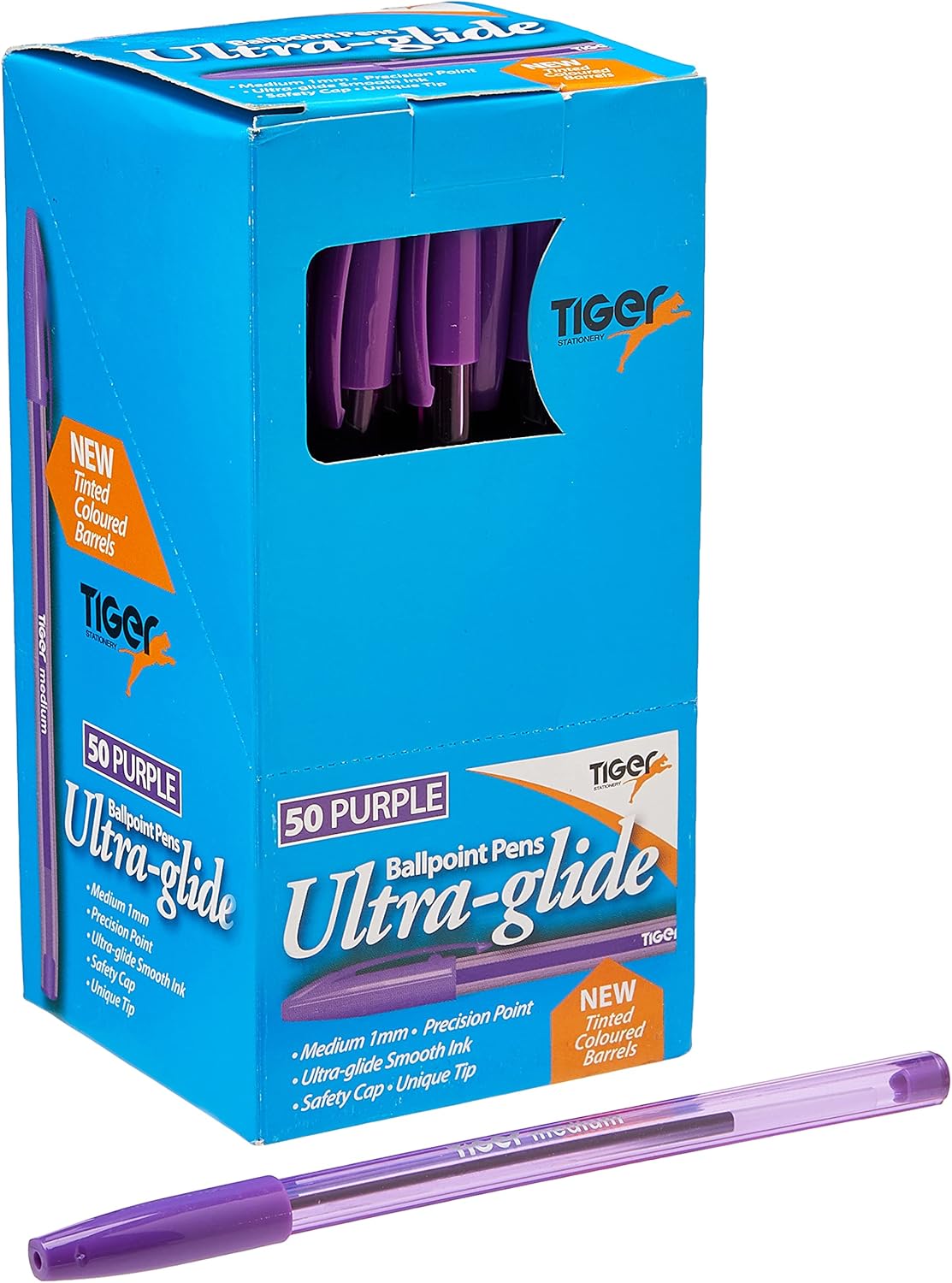 Box of 50 purple Tiger Ultra Glide ballpoint pens arranged in a display, showcasing smooth ink flow and vibrant purple color.