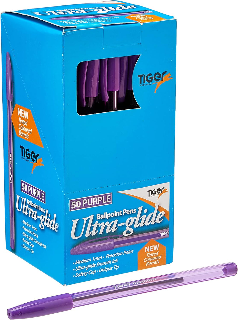 Box of 50 purple Tiger Ultra Glide ballpoint pens arranged in a display, showcasing smooth ink flow and vibrant purple color.