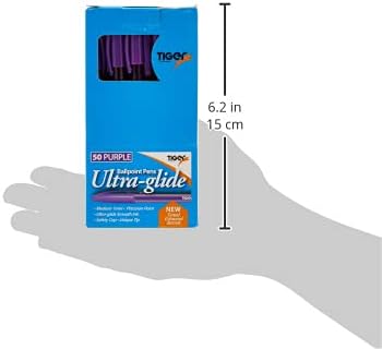 Box of 50 purple Tiger Ultra Glide ballpoint pens arranged in a display, featuring smooth writing and sleek design.