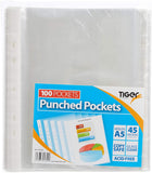 A5 clear punched poly pockets from Tiger, stack of 100 transparent plastic sleeves for organizing documents.