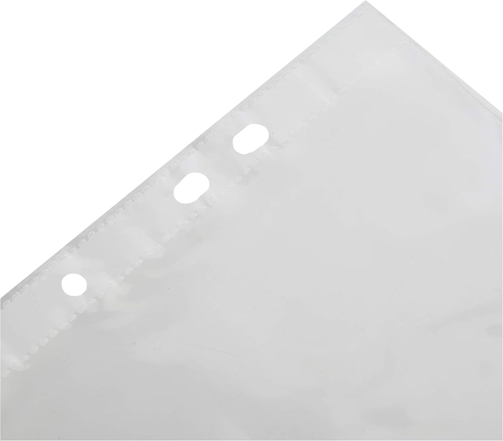 A5 clear punched poly pockets by Tiger, 100 durable plastic sheet protectors with punched holes for binding or filing.