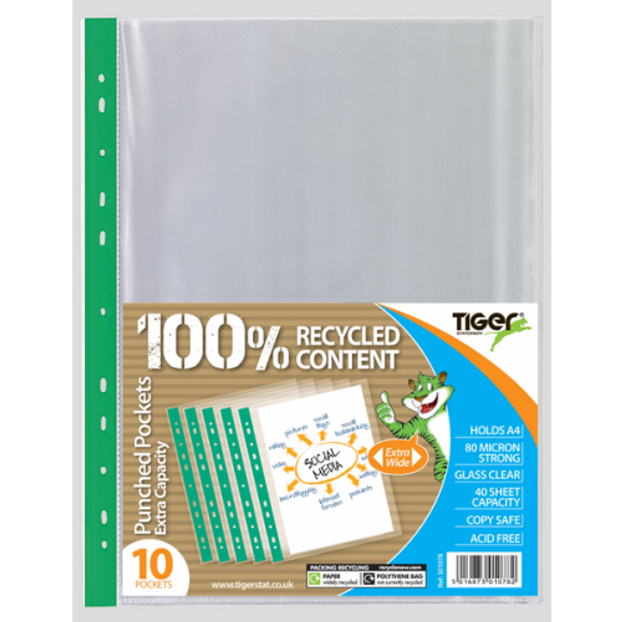 Pack of 10 Tiger A4 extra-large punched pockets showing transparent plastic sleeves for organizing documents