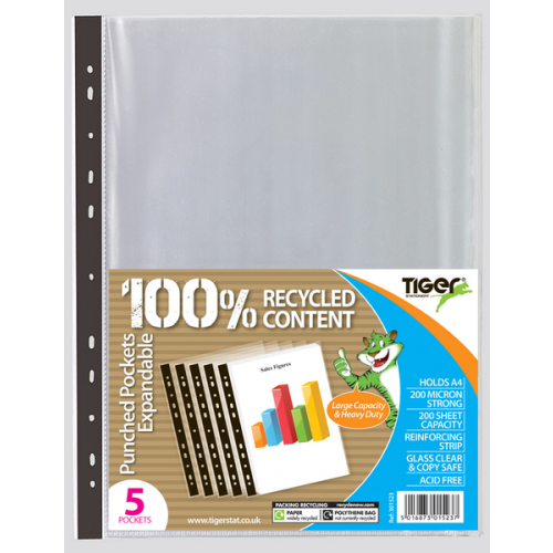 Pack of 5 Tiger A4 expanding punched pockets for organizing documents, made of clear plastic with reinforced punched holes.