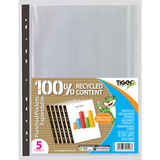Pack of 5 Tiger A4 expanding punched pockets for organizing documents, made of clear plastic with reinforced punched holes.
