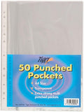 Pack of 50 Tiger A4 punched pockets, transparent plastic folder sleeves for organizing documents, made by Tiger.