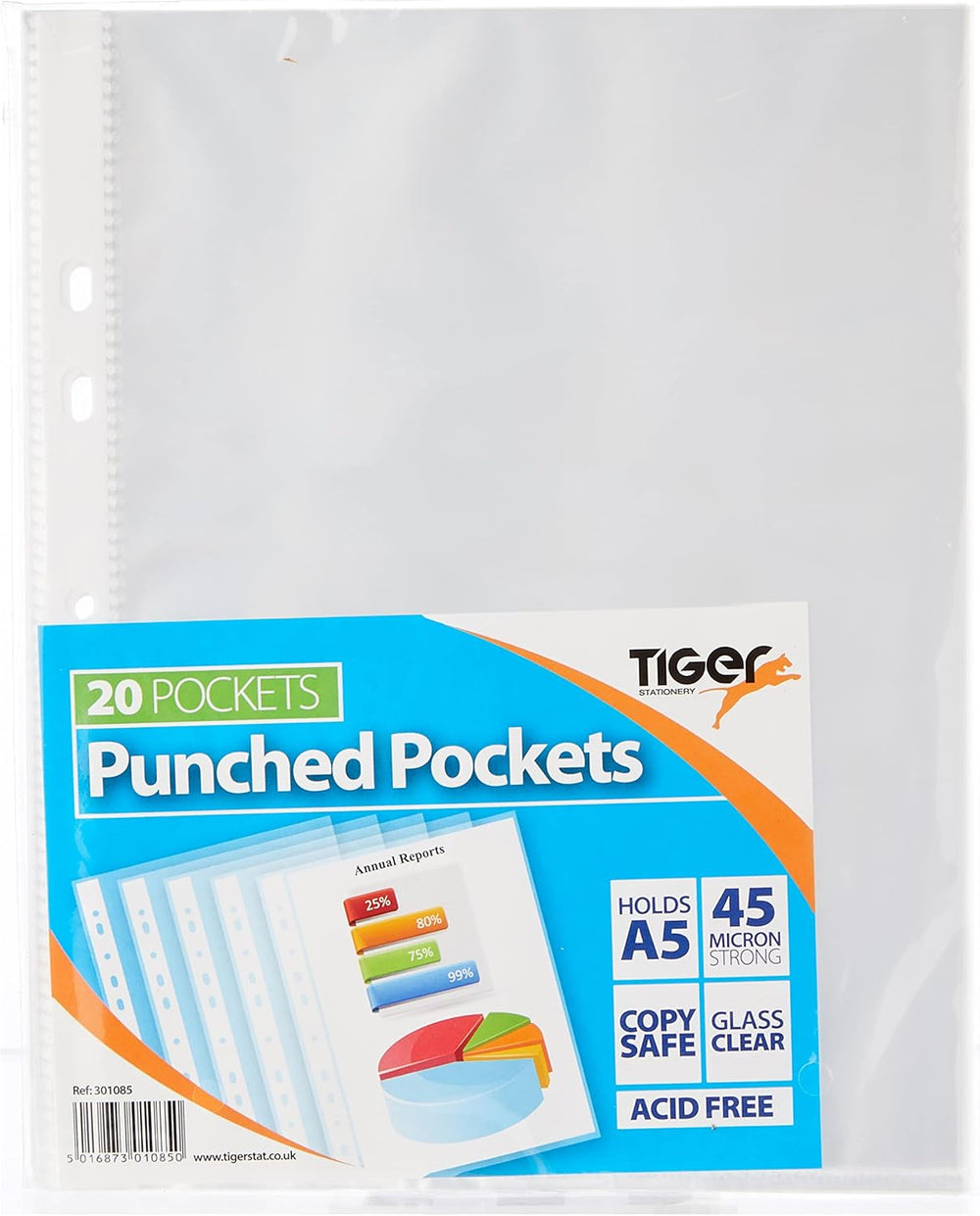 Tiger A5 strong transparent poly punched pockets, set of 20 sleeves, ideal for organizing documents and files.