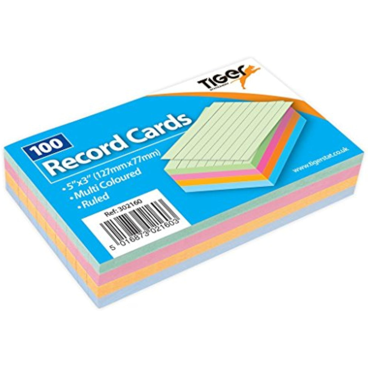 Multicoloured ruled record cards by Tiger, 5"x3" size, pack of 100, featuring lined paper for note-taking and organization.