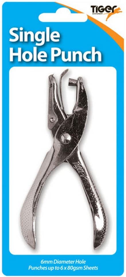 Tiger metal single hole punch with a sturdy handle and metal construction, designed for precise single-hole punching.