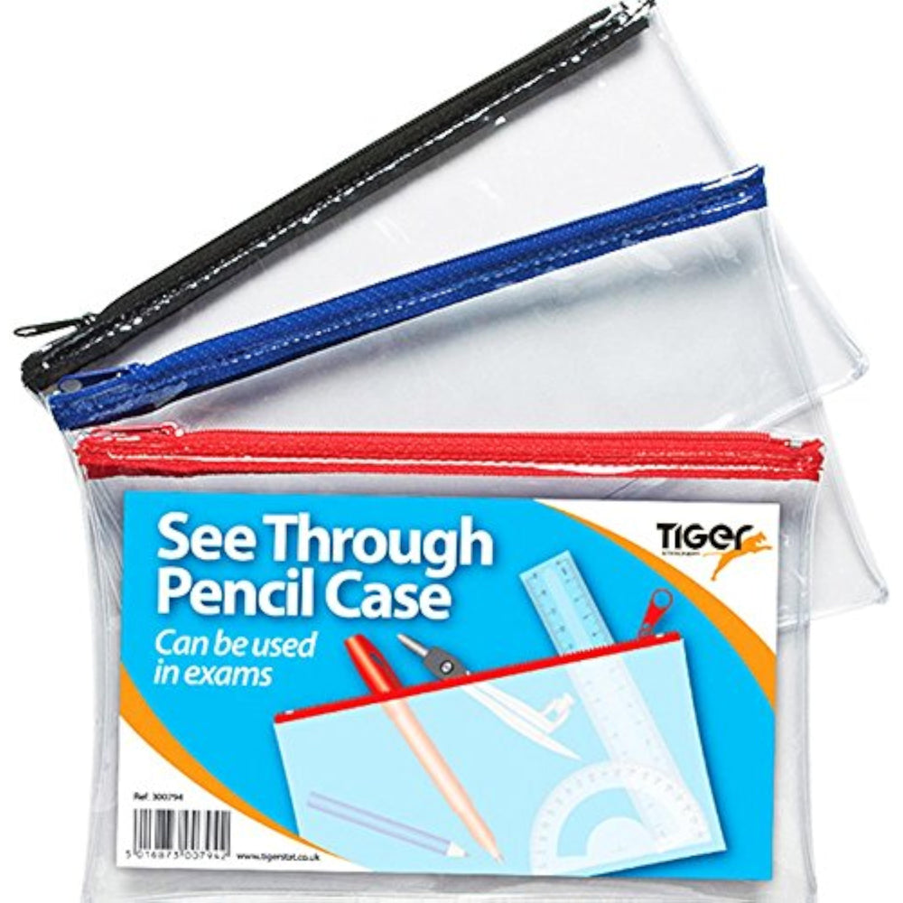 Large 13x5-inch clear assorted pencil cases by Tiger, flat stationery organizers with multiple compartments for pencils and supplies.