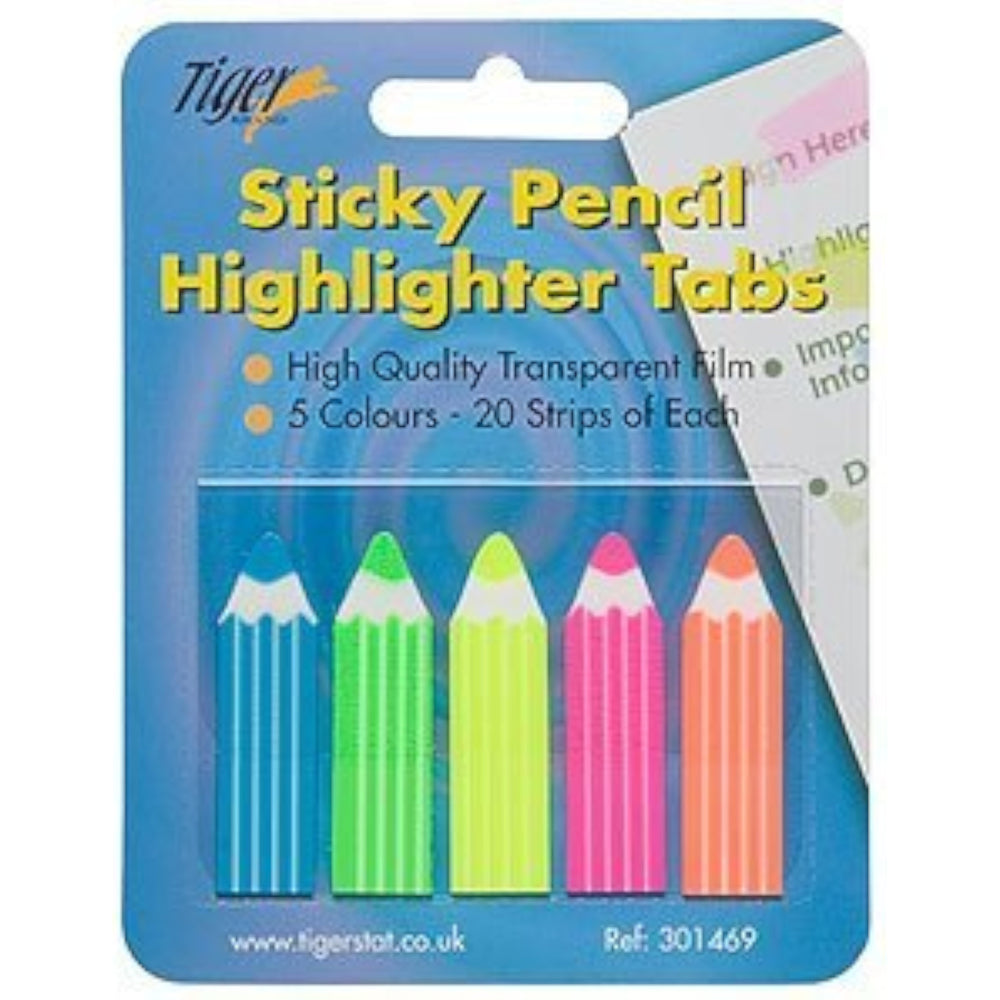Tiger Pencil Neon Sticky Highlighter Tabs in bright neon colors, designed for marking and organizing documents.