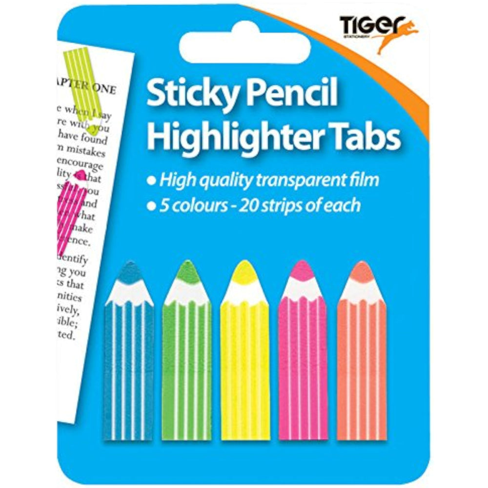 Tiger Pencil Neon Sticky Highlighter Tabs in bright colors, ideal for marking pages and organizing documents.
