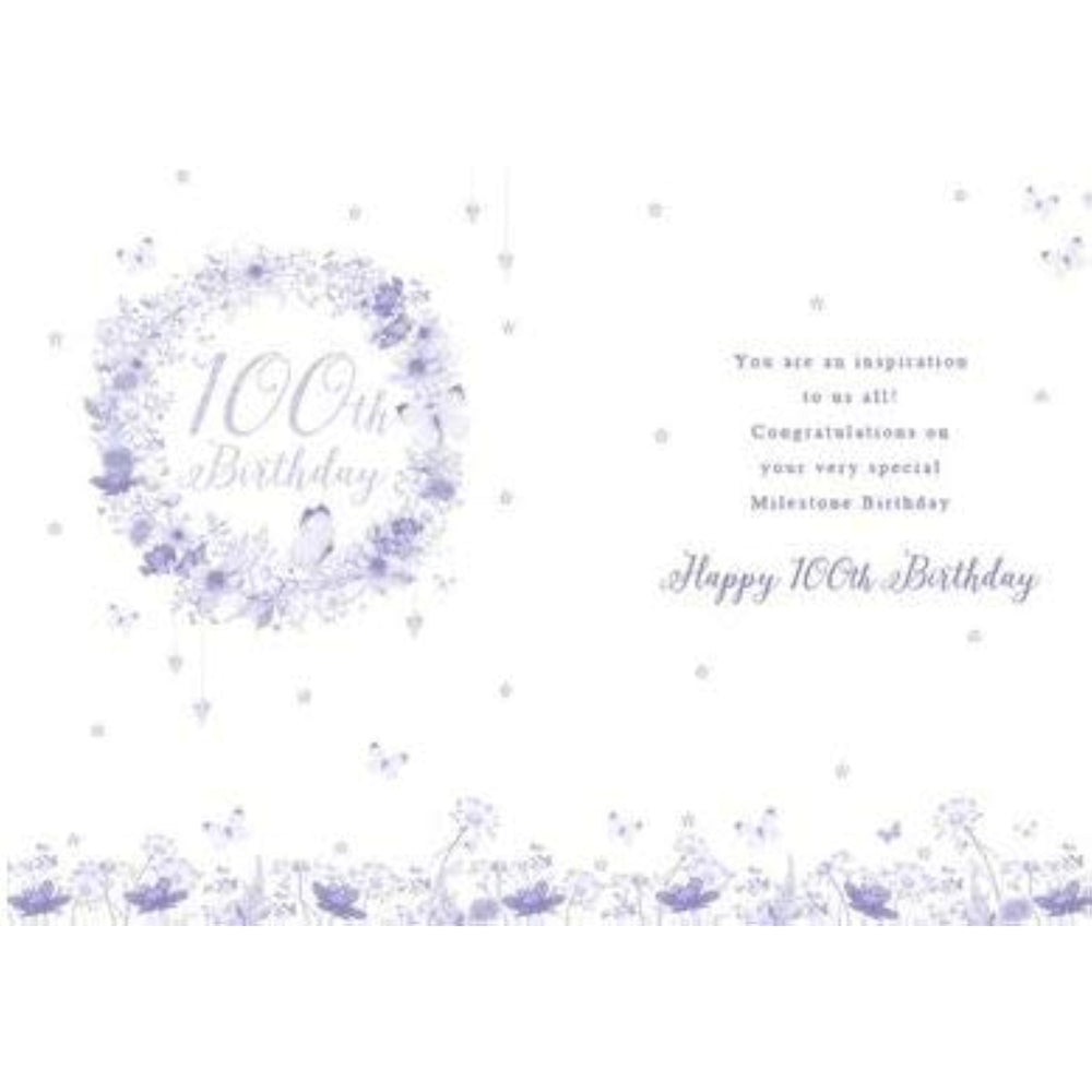 Pizazz Pretty Female Birthday Card From the Range - On Your 100th Birthday - Artistic Floral Wreath and Butterflies - Stunning Flitter and Foil Finish - Greeting Card For Her (NQ-DS609)