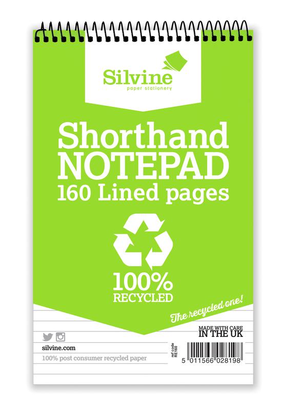 Silvine Recycled 125x200mm Wirebound Card Cover Reporters Shorthand Notebook Ruled 160 Pages Green (Pack 12) - RE160