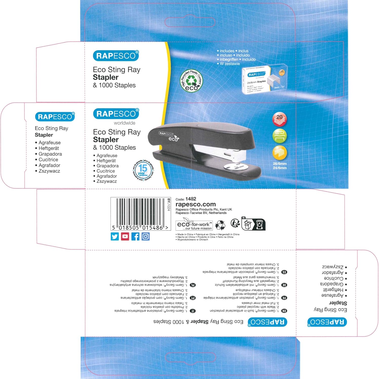 Rapesco Germ-Savvy™: ECO Sting Ray Half Strip Stapler incl. 1000 x 24/6mm Staples - Black