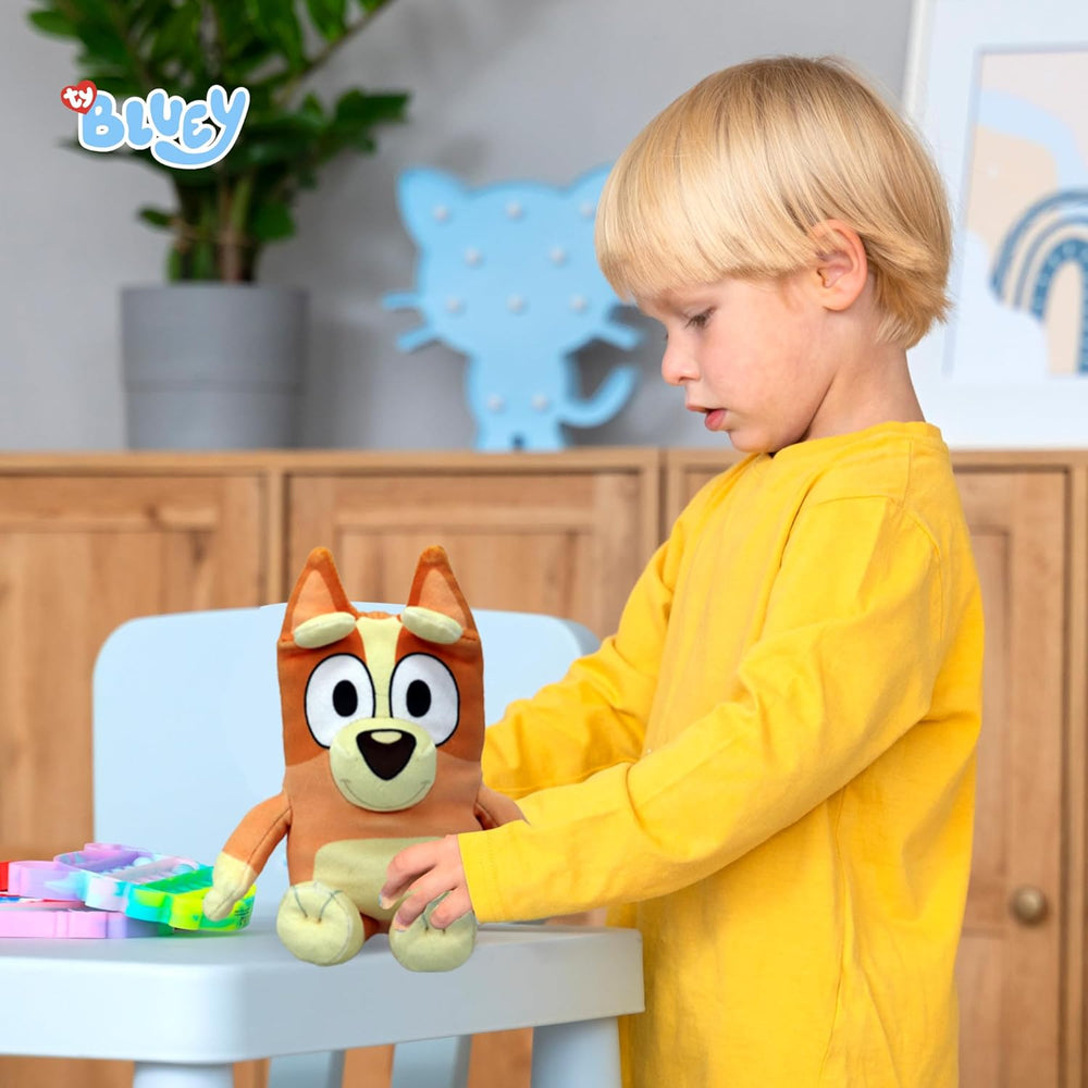 TY Bluey Bingo plush toy for kids, soft teddy bear collectible with detailed blue and white plush fabric, ideal for cuddling.